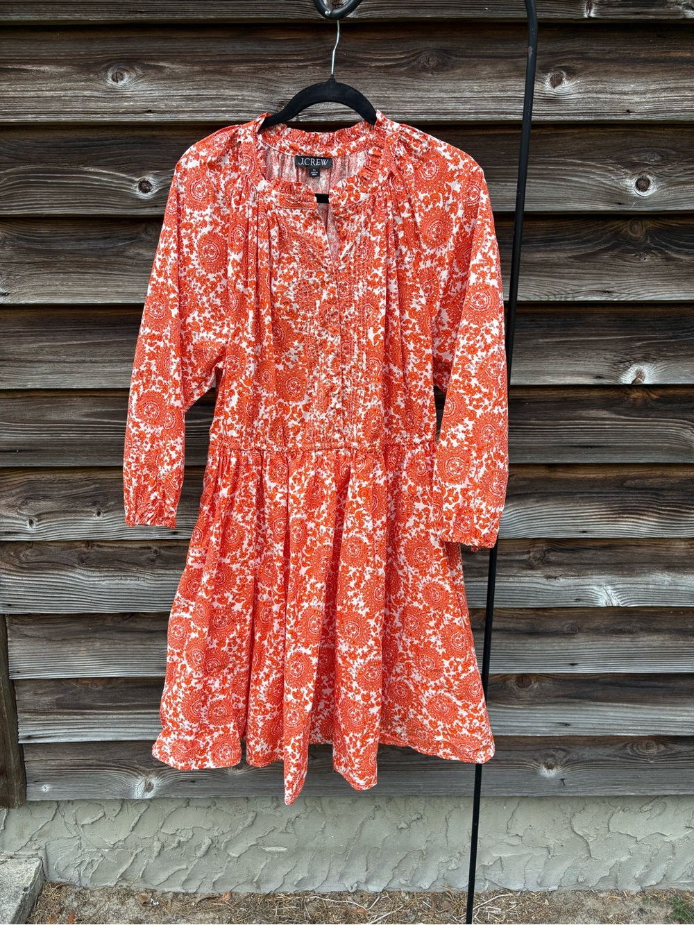 J. Crew Orange and White Long-Sleeve Tiered Dress